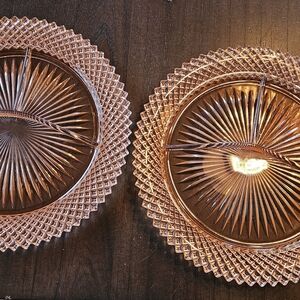 2 Vintage Anchor Hocking Pink Depression Glass Grill Divided Plates 10"